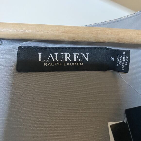 NWT Ralph Lauren Sz 14 Long Sleeve Cocktail Dress Metallic Silver Gray Faux Wrap - Picture 6 of 10